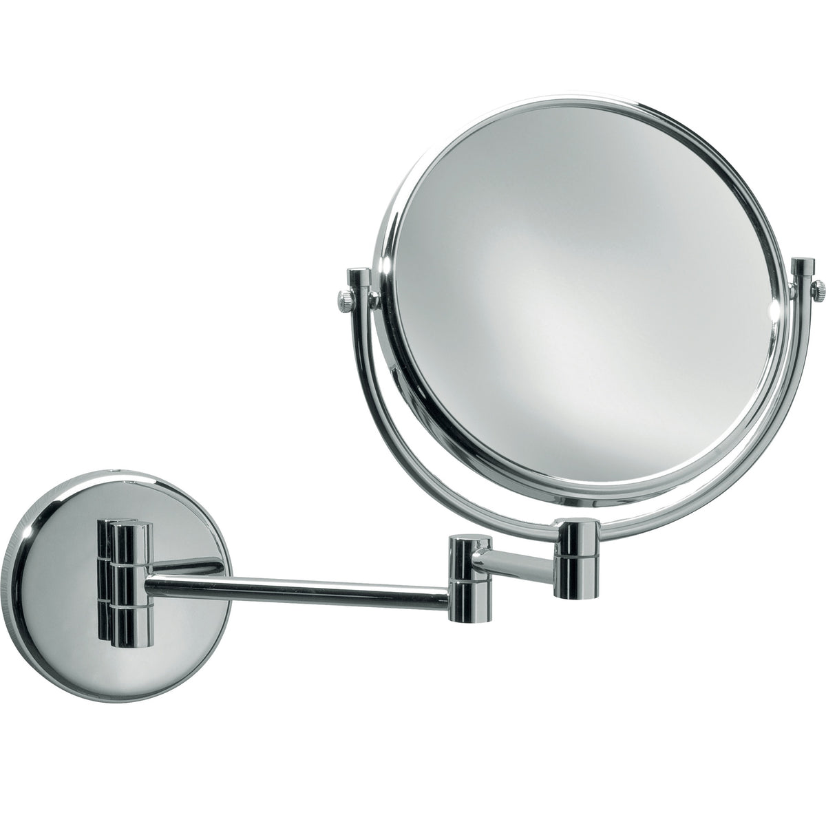 Specchio ingranditore bifacciale in ottone cromato, da parete, doppio braccio, ingrandimento 3x, diam. 22 cm.