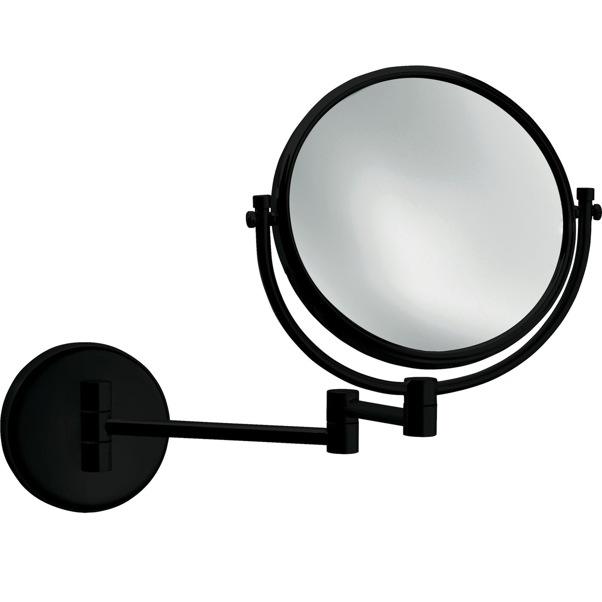 Specchio ingranditore bifacciale in ottone verniciato nero, da parete, doppio braccio, ingrandimento 3x, Ø 22 cm