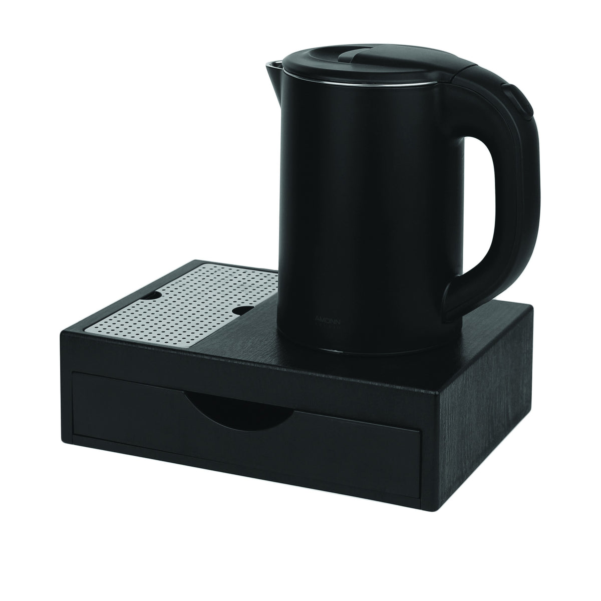 Kit bollitore completo di bollitore elettrico nero, vassoio in ABS nero con cassetto a tre scomparti e griglia poggia tazze, 1200 W, capacità 0,8 L, 26,7 x 19 x h 8 cm