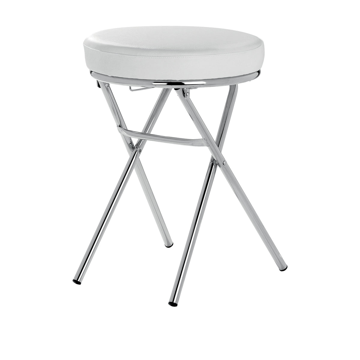 Sgabello bagno richiudibile in metallo cromato con seduta in ecopelle bianca, diam. 36 x h 49 cm.