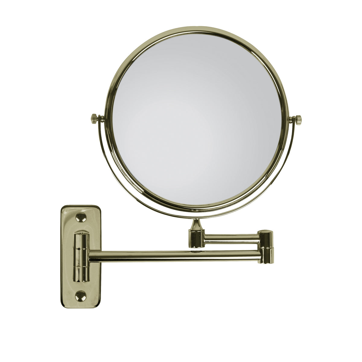 Specchio ingranditore bifacciale in ottone dorato, da parete, doppio braccio, ingrandimento 3x, diam. 20 cm