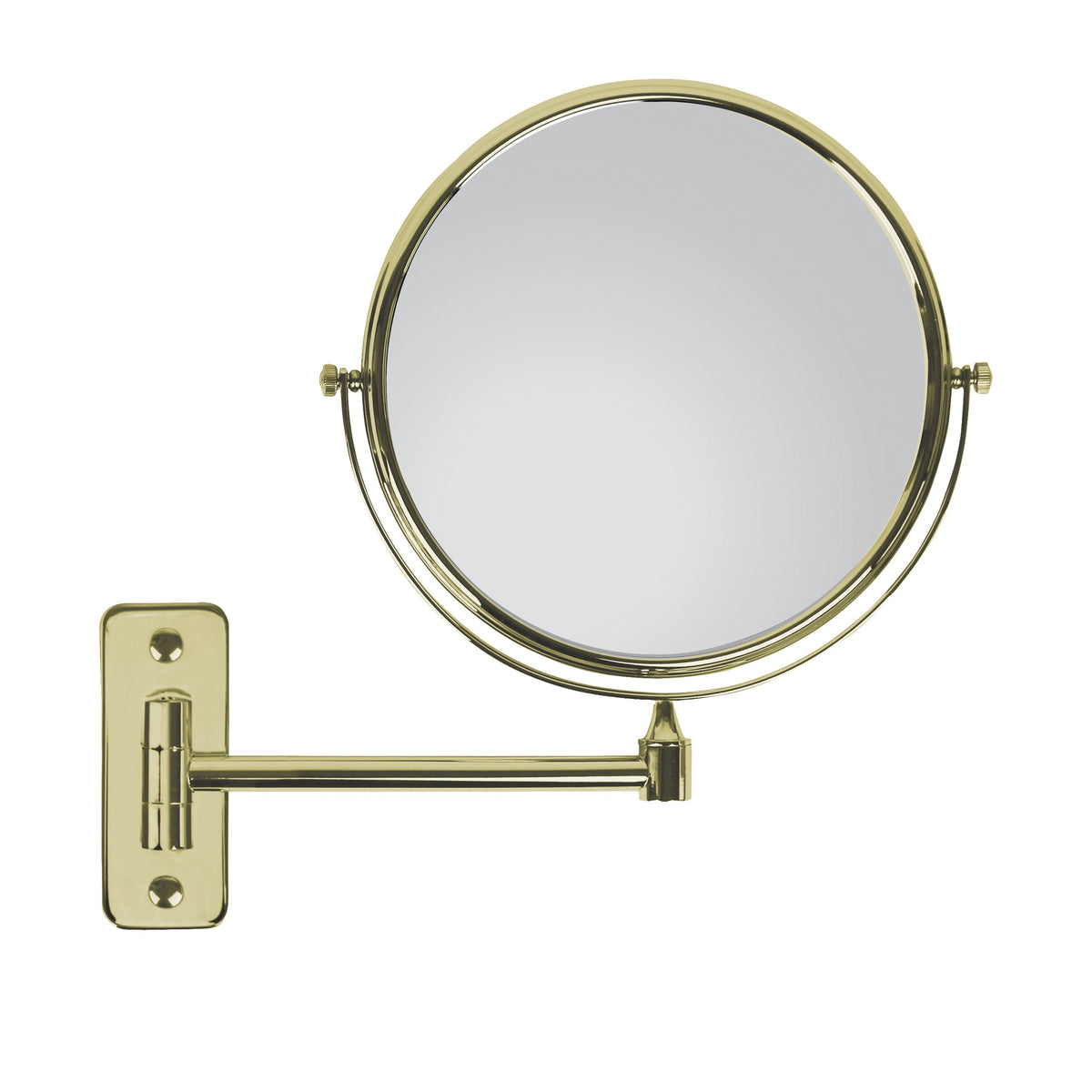 Specchio ingranditore bifacciale in ottone dorato, da parete, un braccio, ingrandimento 3x, Ø 20 cm