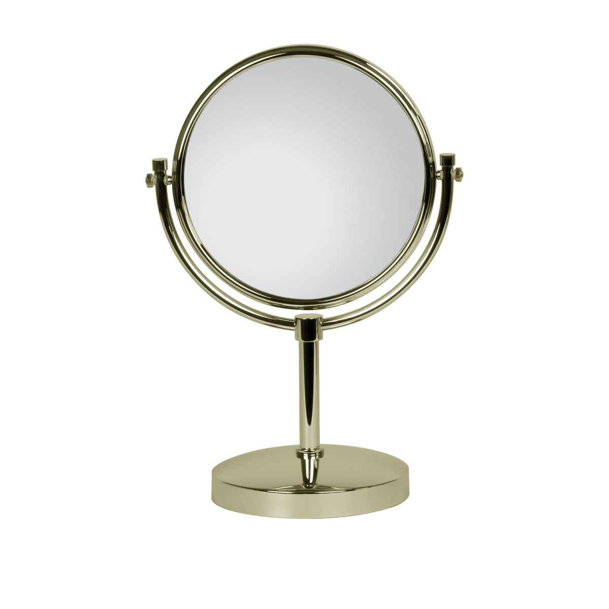 Specchio ingranditore bifacciale in ottone dorato, da appoggio, ingrandimento 3x, diam. 22 cm