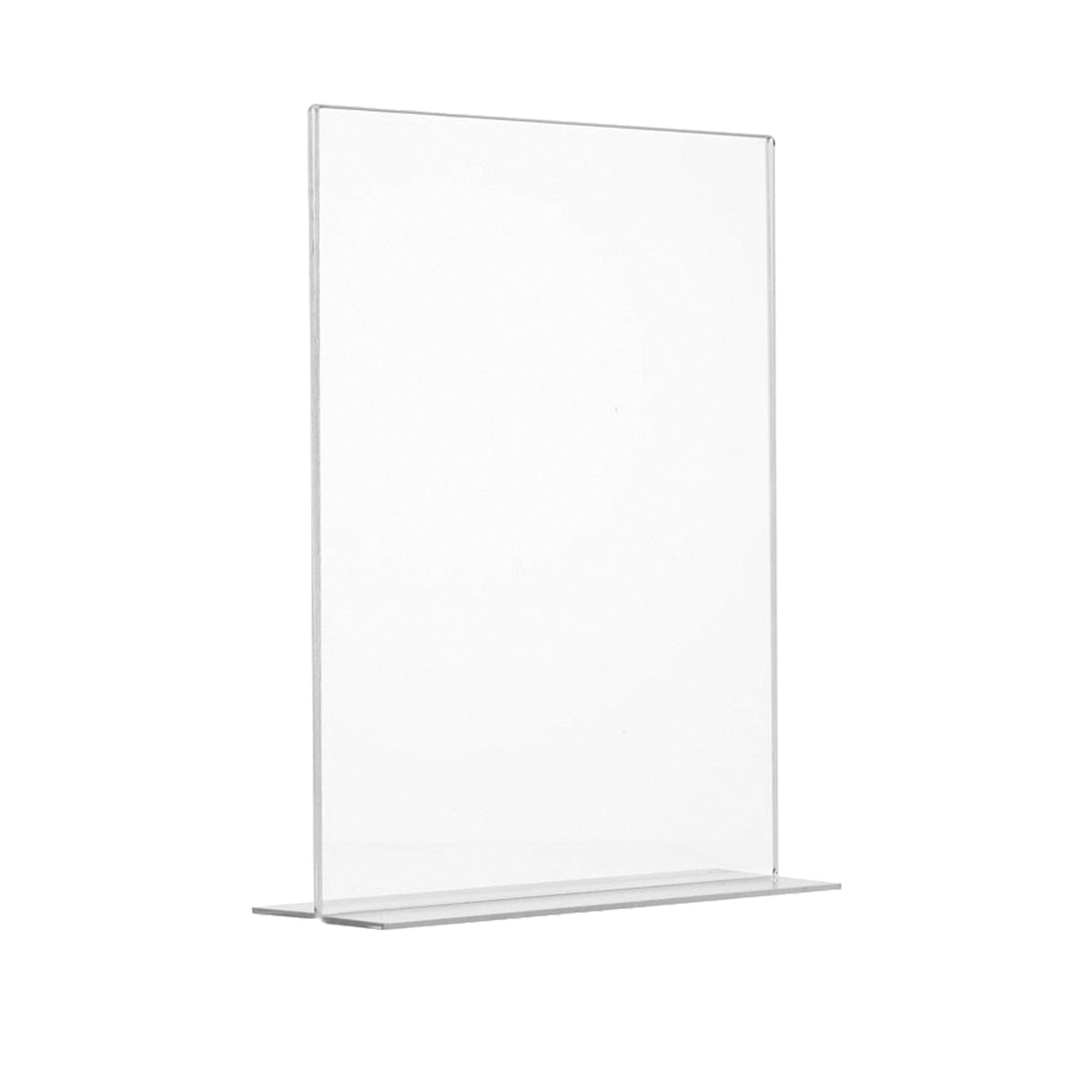 Porta avvisi in plexiglass trasparente con base a T, formato A5 verticale (14,8x21)