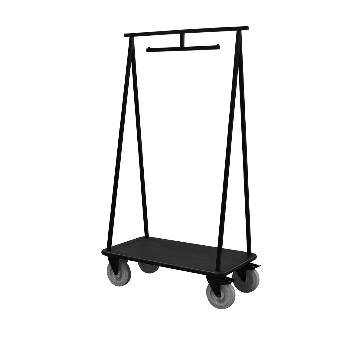 Neliö, carrello porta valigie con struttura triangolare in metallo verniciato nero, 100 x 60 x h 180 cm