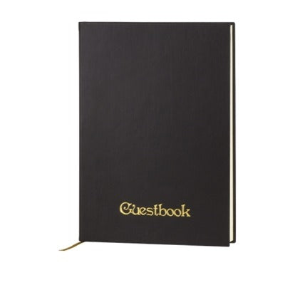 Libro ospiti in ecopelle nera con dicitura 'Guestbook' impressa e dorata, 21 x 29,7 cm