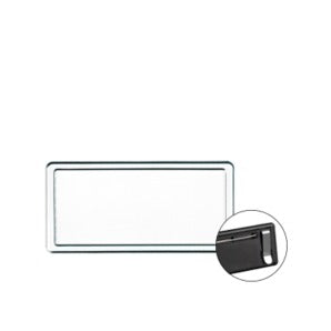 Targhetta portanome rettangolare in metallo color argento lucido, fissaggio tramite spilla, 6,9 x h 3,4 cm