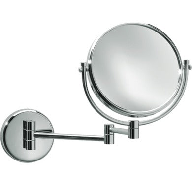 Specchio ingranditore bifacciale in ottone cromato, da parete, doppio braccio, ingrandimento 3x, diam. 22 cm.