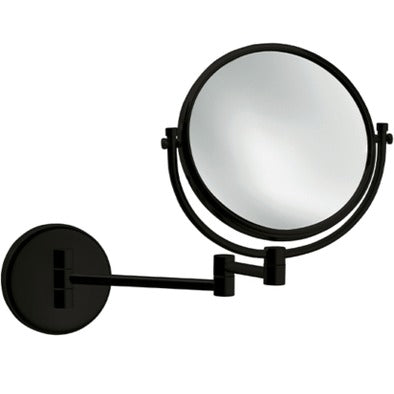 Specchio ingranditore bifacciale in ottone verniciato nero, da parete, doppio braccio, ingrandimento 3x, Ø 22 cm