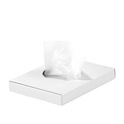 Sacchetti igienici biodegradabili in astuccio di cartoncino bianco, 9 x 1,5 x h 12,5 cm. Confezione da 48 astucci (da 20 pz).