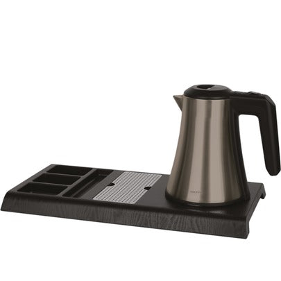 Kit bollitore: bollitore elettrico titanio/nero, vassoio ABS nero effetto legno con griglia e scomparti, 800 W, 0,8 L, 44 x 22,5 x h 3 cm
