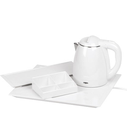Kit bollitore con bollitore elettrico bianco/acciaio e vassoi in melamina bianca, 1350 W, 1,2 L, 38,5x30,8x2,2 cm