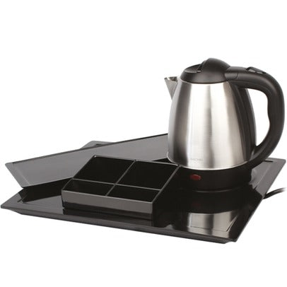 Kit bollitore elettrico nero/acciaio con vassoio principale, porta tazze e porta bustine in melamina nera. 1350 W, 1,2 L, 38,5x30,8x2,2 cm