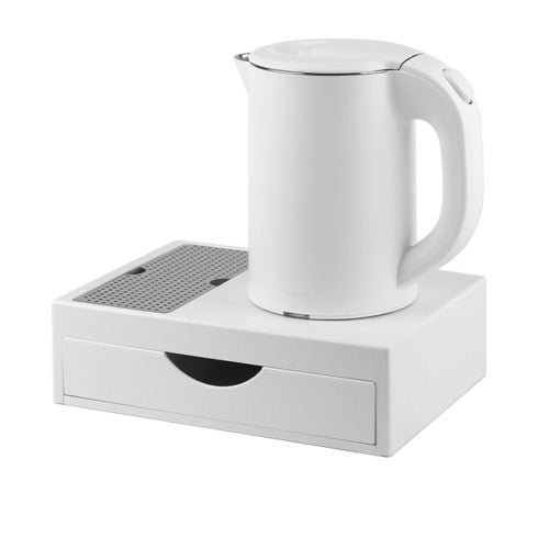 Kit bollitore completo di bollitore bianco, vassoio in ABS con cassetto a 3 scomparti e griglia poggia tazze, 1200 W, 0,8 L, 26,7 x 19 x h 8 cm