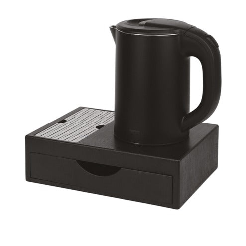 Kit bollitore completo di bollitore elettrico nero, vassoio in ABS nero con cassetto a tre scomparti e griglia poggia tazze, 1200 W, capacità 0,8 L, 26,7 x 19 x h 8 cm