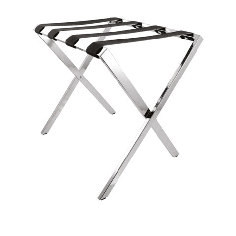Reggivaligia richiudibile in acciaio lucido con cinghie in ecopelle nera, 60 x 48 x h 53 cm