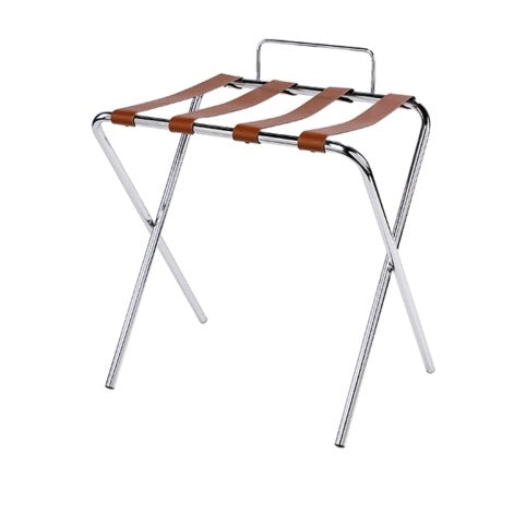 Reggivaligia richiudibile con sponda in acciaio cromato e cinghie in ecopelle marrone, 56 x 42 x h 58/67 cm