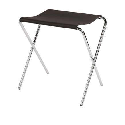 Reggivaligia richiudibile in acciaio cromato con fasce in ecopelle nera, 56x54x58h cm