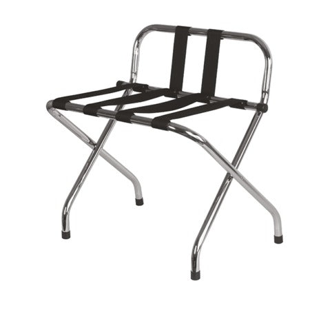 Reggivaligia richiudibile con sponda in metallo cromato e cinghie in PVC nero, 63,5 x 41,5 x h 47/66 cm