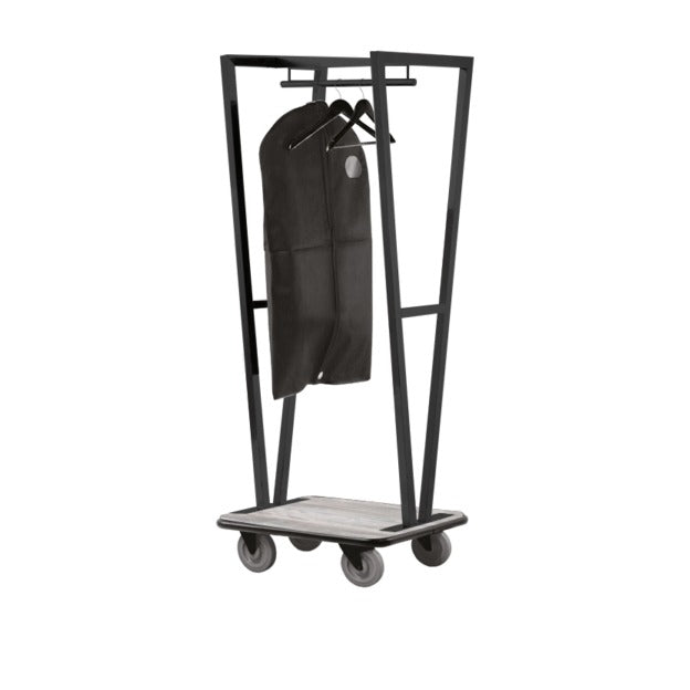 Steel Line, luggage trolley in anthracite painted stainless steel and gray wooden base, 70 x 60 x h 180 cm