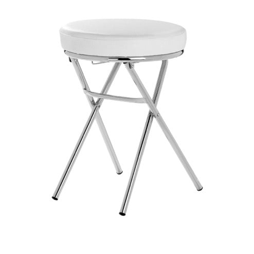 Sgabello bagno richiudibile in metallo cromato con seduta in ecopelle bianca, diam. 36 x h 49 cm.