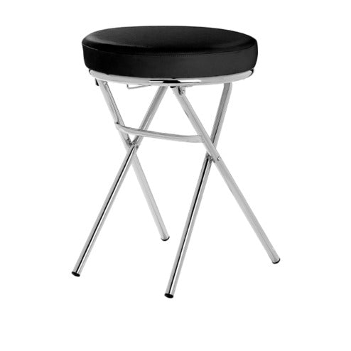 Sgabello bagno richiudibile in metallo cromato con seduta in ecopelle nera, diam. 36 x h 49 cm