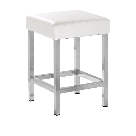 Sgabello bagno in metallo cromato con seduta imbottita in ecopelle bianca, 33 x 33 x h 55 cm