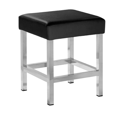 Sgabello bagno in metallo cromato con seduta imbottita in ecopelle nera, 33x33x40h cm