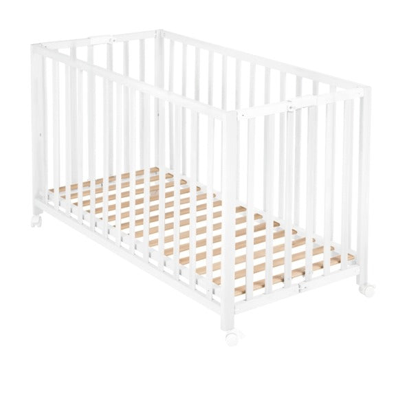 Lettino richiudibile in legno verniciato bianco, 123 x 64,5 x h 77 cm (aperto) / 123 x 13 x h 77 cm (chiuso)