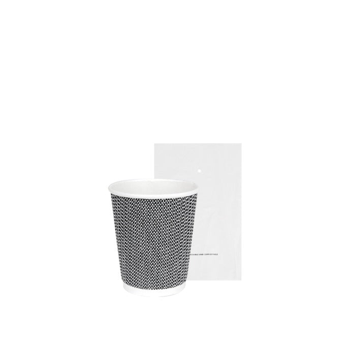 Bicchiere monouso in cartoncino effetto 3D biodegradabile e compostabile, imbustato, fantasia nera, 240 ml. Confezione da 200 pz.