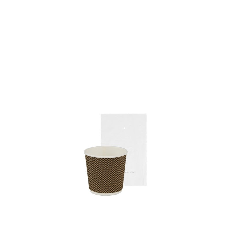 Bicchiere monouso in cartoncino effetto 3D biodegradabile e compostabile, imbustato, fantasia marrone, capacità 115 ml, confezione da 700 pz