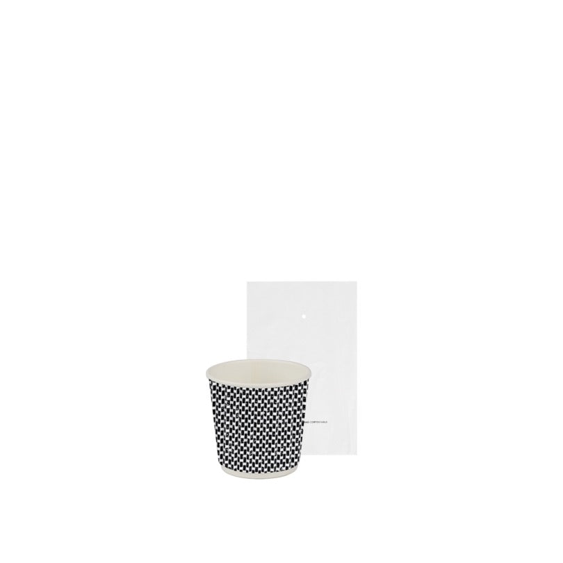Bicchiere monouso in cartoncino effetto 3D, biodegradabile e compostabile, imbustato, fantasia nera, 115 ml, 700 pz.