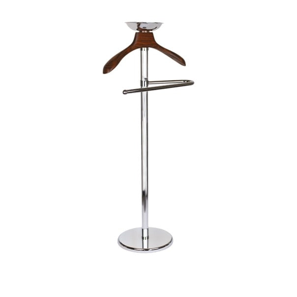 Classic, servomuto in ottone rigato con capospalla in legno di noce scuro, portapantaloni e porta oggetti. Ø 33 x 45 x h 118 cm