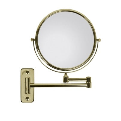 Specchio ingranditore bifacciale in ottone dorato, da parete, doppio braccio, ingrandimento 3x, diam. 20 cm