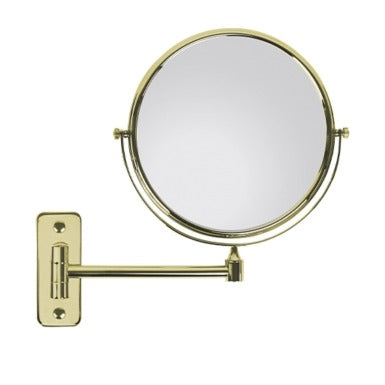 Specchio ingranditore bifacciale in ottone dorato, da parete, un braccio, ingrandimento 3x, Ø 20 cm