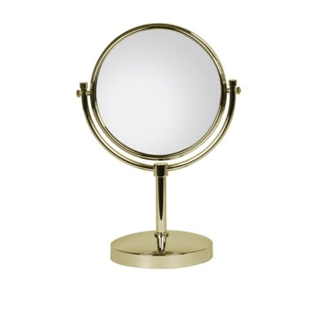 Specchio ingranditore bifacciale in ottone dorato, da appoggio, ingrandimento 3x, diam. 22 cm