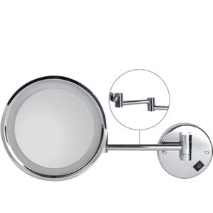 Specchio ingranditore monofacciale a LED in ottone cromato, da parete, doppio braccio, ingrandimento 3x, Ø 22 cm