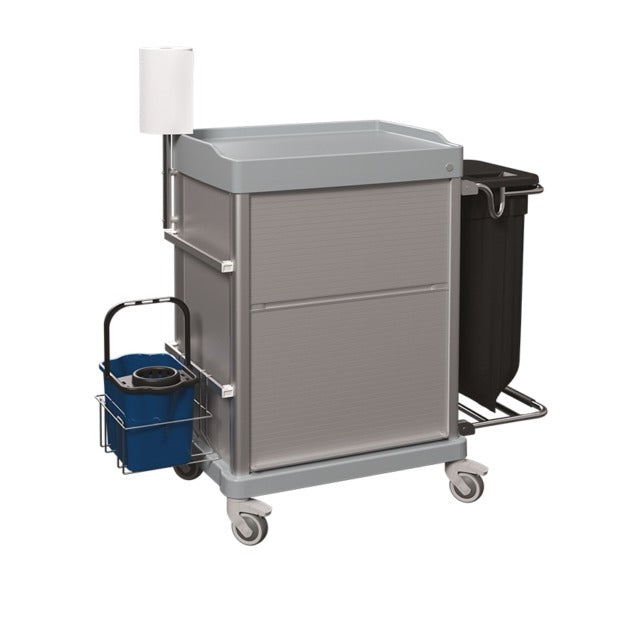 Carrello biancheria 'Alma' richiudibile con accessori per la pulizia, struttura in alluminio e ABS, con anta, 138,1 x 57 x h 131 cm (aperto)