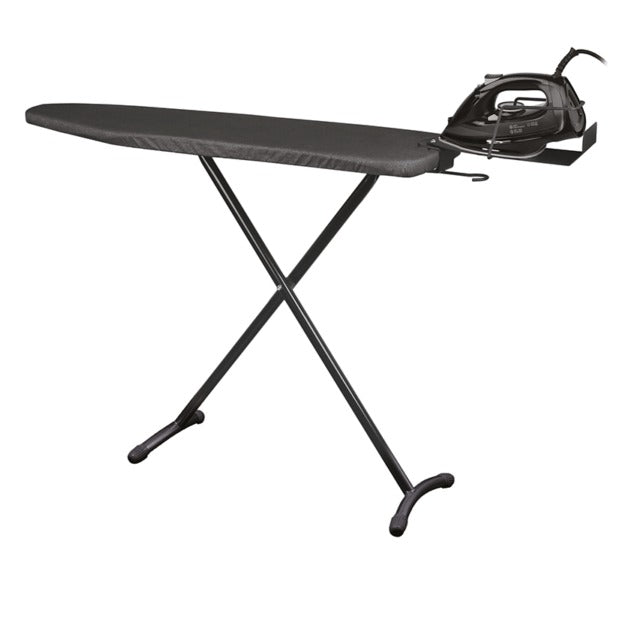 Asse da stiro richiudibile in metallo color nero, con ferro da stiro a secco/vapore, completo di gancio, 110x33x85h cm