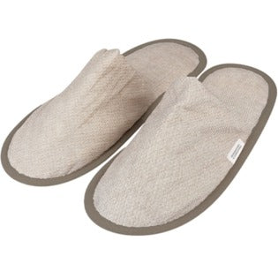 Pantofola Biolook in tessuto biodegradabile e compostabile, tomaia chiusa, unisex (29,5 cm), colore marrone, con fascetta in carta.