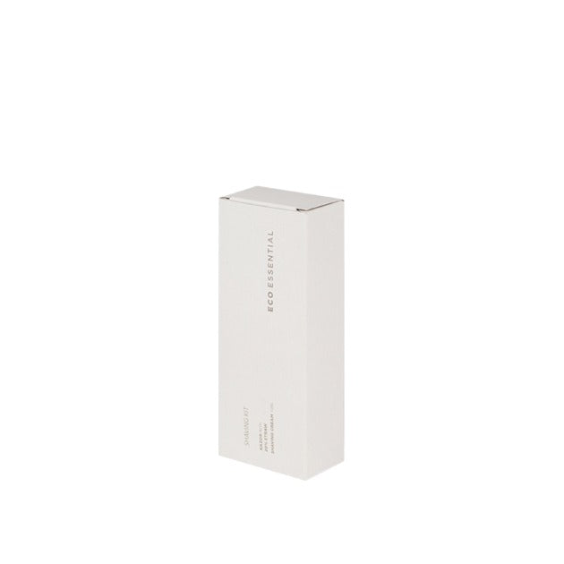 Eco Essential, set barba in astuccio di carta riciclata con: rasoio bilama (20% paglia) e crema da barba 10 ml. Confezione da 50 pz.