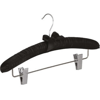 Gruccia imbottita in raso con asta metallica e pinze scorrevoli, gancio nichelato, colore nero, 35 cm x Ø 1,4 cm (100 pz)