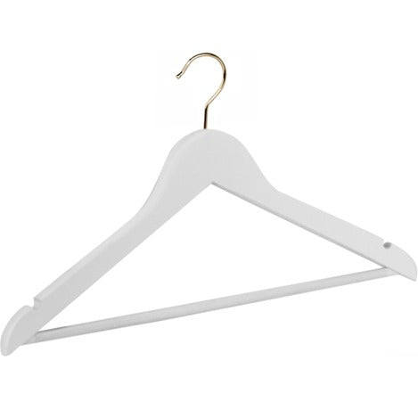 Gruccia in legno di faggio bianca con tacche e asta antiscivolo, gancio dorato, 44 x 1,3 cm, 50 pz