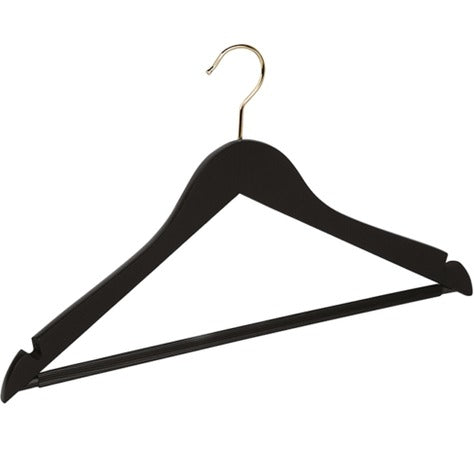 Gruccia in legno di faggio con tacche e asta antiscivolo, gancio dorato, colore nero, 44 x 1,3 cm, conf. 50 pz.