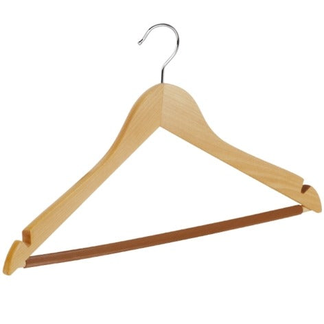 Gruccia in legno di faggio con tacche e asta antiscivolo, gancio nichelato, naturale, 44 x 1,3 cm, 50 pz.