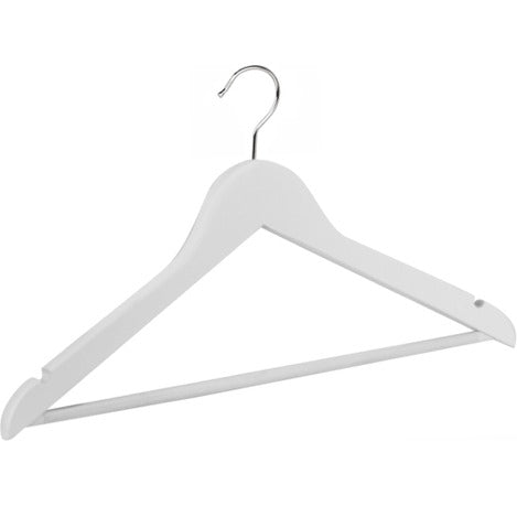 Gruccia in legno di faggio con tacche e asta antiscivolo, gancio nichelato, bianco, 44 x 1,3 cm, 50 pz