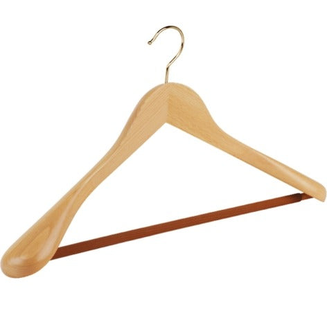 Gruccia in legno di faggio a spalla larga con asta antiscivolo, gancio dorato, colore naturale, 44 x 5 cm, 50 pz