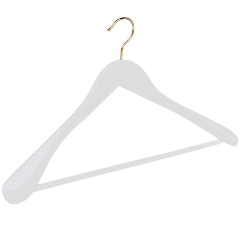 Gruccia in legno di faggio, spalla larga e asta antiscivolo, gancio dorato, bianco, 44 x 5 cm, 50 pz