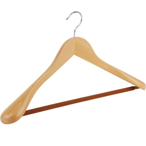 Gruccia in legno di faggio a spalla larga con asta antiscivolo, gancio nichelato, naturale, 44 x 5 cm, 50 pz.