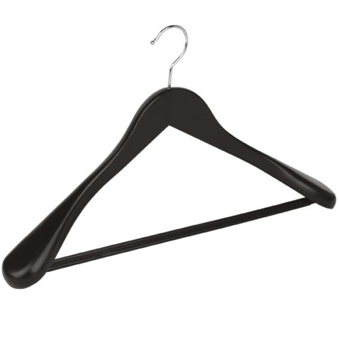 Gruccia in legno di faggio a spalla larga con asta antiscivolo, gancio nichelato, nero, 44x5 cm, 50 pz.